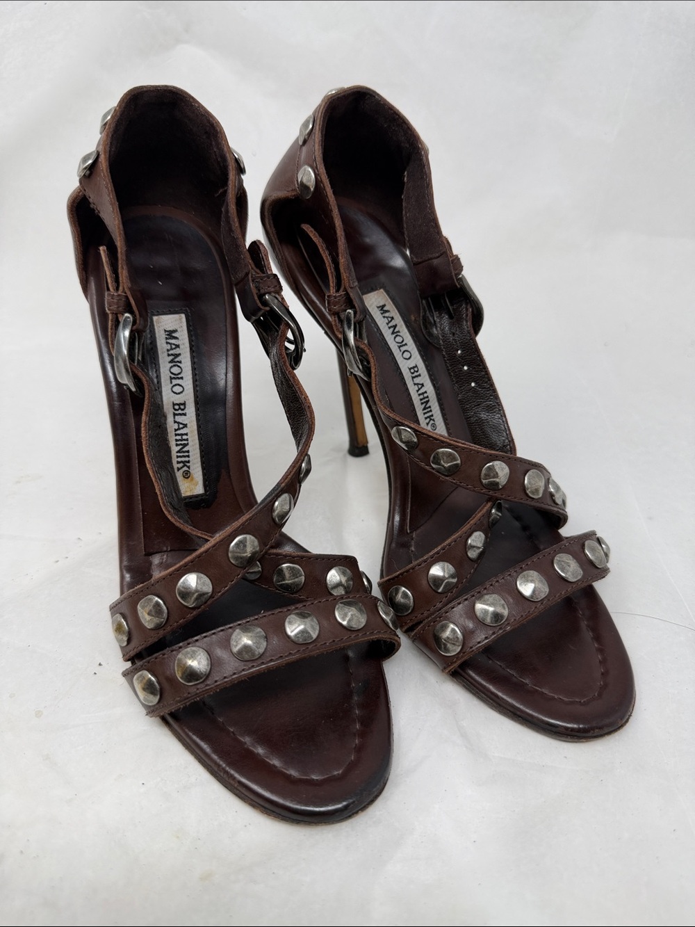 Manolo Blahnik Brown Studded Leather High Heel Sandals Size 35